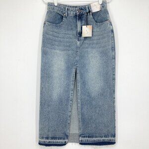 Happily Grey Women's Denim Maxi Skirt Sz 5/26 Front Slit Raw Hem Cotton Blue NWT